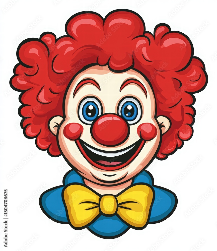 Fototapeta premium cute clown face cartoon character with red hair, blue eyes, and a yellow bow tie on a white background, simple flat design for children's illustrations