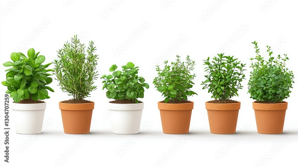 Fototapeta premium Six potted green plants are displayed against a white background