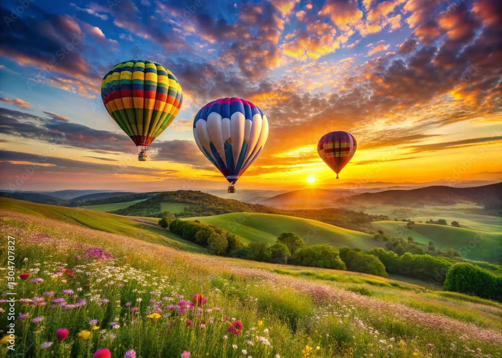 Obraz premium Panoramic View: Three Colorful Hot Air Balloons Soaring Over Lush Green Fields at Sunrise