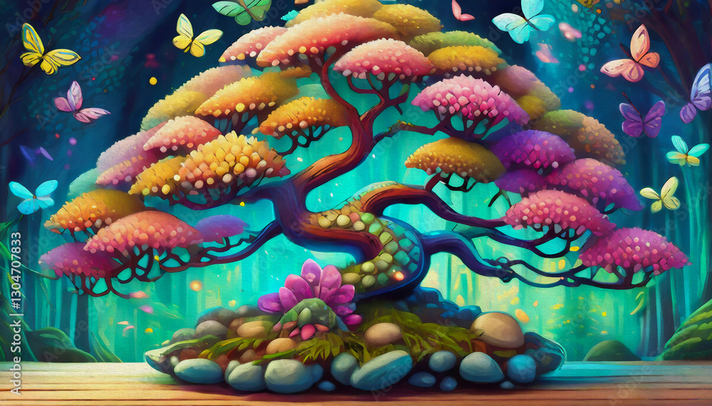 multicolored The Bonsai Tree oil painting style cartoon character illustration multicolored The Bonsai Tree oil painting style cartoon character illustration