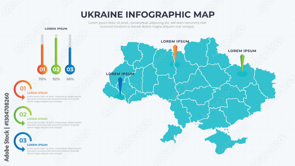Obraz premium Infographic Map of Ukraine. Ukraine country map infographic colored vector template with regions and pointer marks.