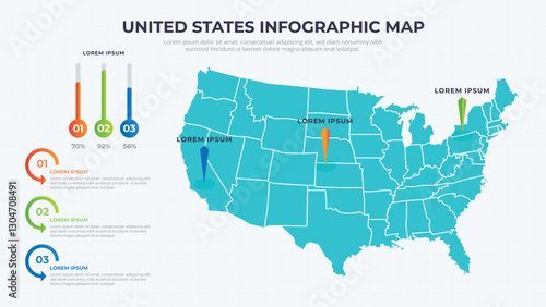 Infographic Map of United States. United States country map infographic colored vector template with regions and pointer marks.