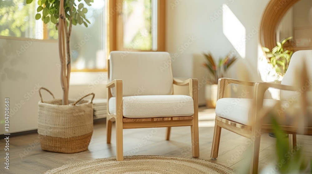 Fototapeta premium Cozy Minimalist Living Room with Modern Chairs, Potted Plant, and Natural Light in Contemporary Interior Design
