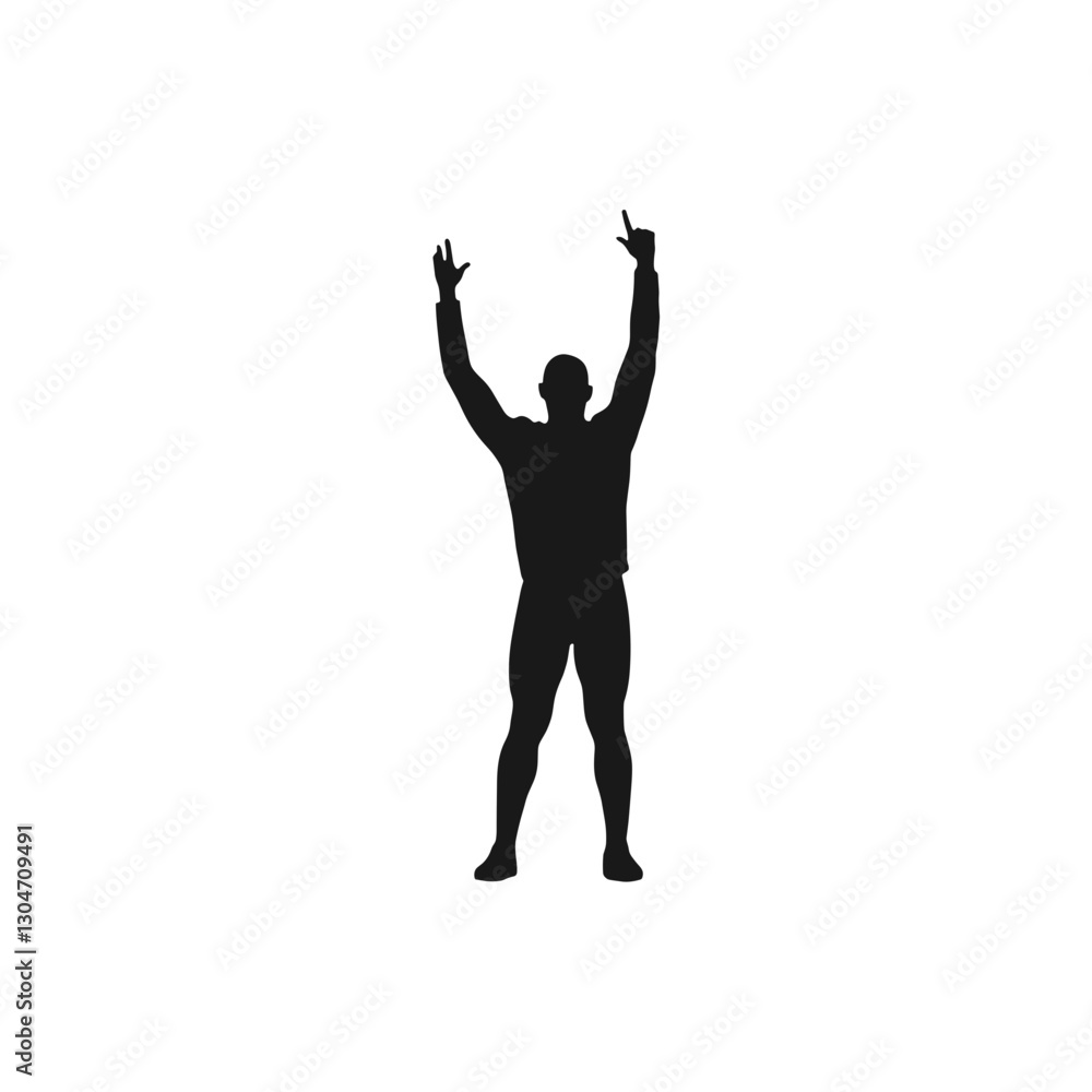 Silhouette of person celebrating with raised arms on white background Silhouette of person celebrating with raised arms on white background