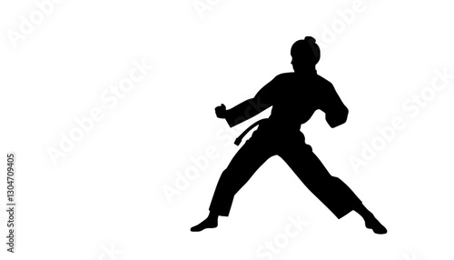 Karate practitioner in dynamic pose against a white background