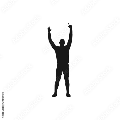 Silhouette of person celebrating with raised arms on white background