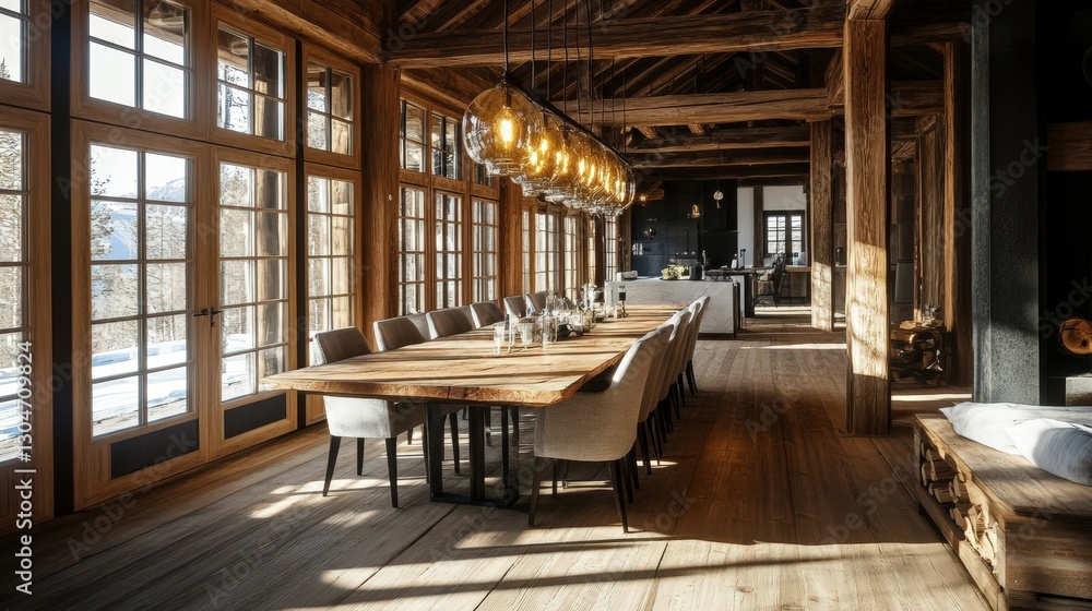 Rustic Wooden Dining Room With Mountain View Rustic Wooden Dining Room With Mountain View
