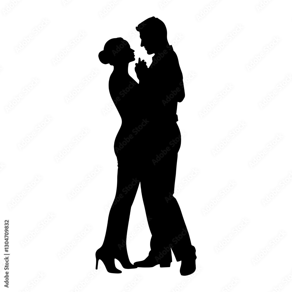 Couple dancing closely in silhouette against a white background Couple dancing closely in silhouette against a white background