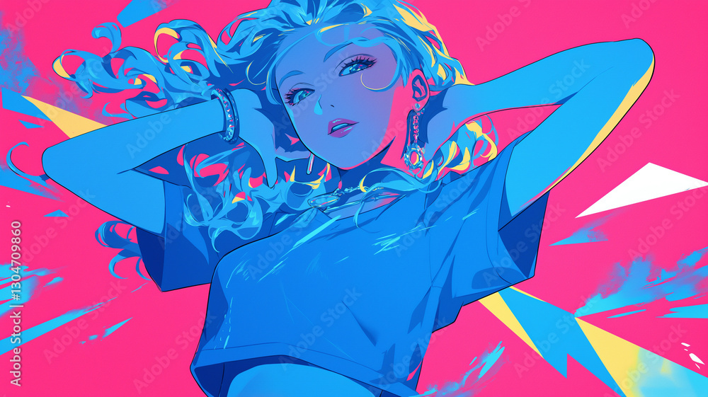 80年代レトロフューチャー風アニメ、ヘッドフォンをつけた少女とカラフルな未来都市のイラスト 80年代レトロフューチャー風アニメ、ヘッドフォンをつけた少女とカラフルな未来都市のイラスト