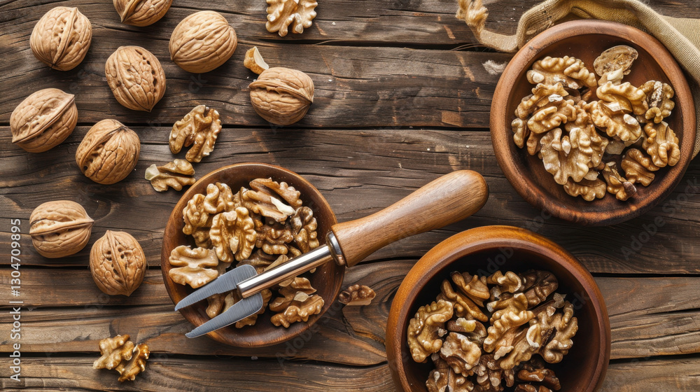 walnuts and nutcracker on wooden table walnuts and nutcracker on wooden table
