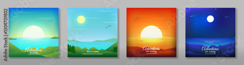 Day, night, morning and evening flat vector mountain landscape with sun, moon and clouds in sky. Landscape nature day and night illustration. Vector concept for any purposes. Design for card, banner.