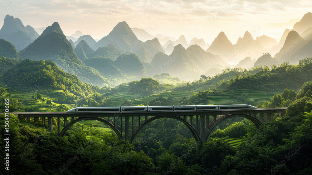 Fototapeta premium Futuristic maglev train glides over lush landscapes in a sustainable countryside