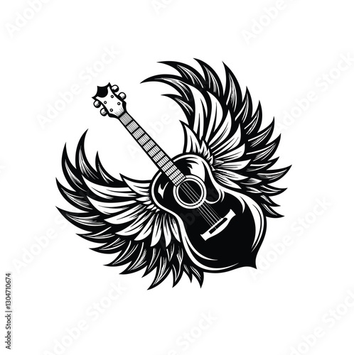 Black Silhouette of an Acoustic Guitar with Angel Wings – Music and Rock Symbol Vector Illustration