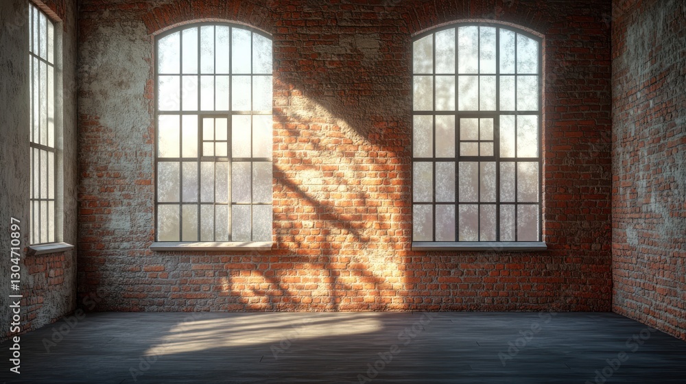 Sunlight streams into an empty industrial-style interior with large arched windows casting shadows on brick walls. Sunlight streams into an empty industrial-style interior with large arched windows casting shadows on brick walls.