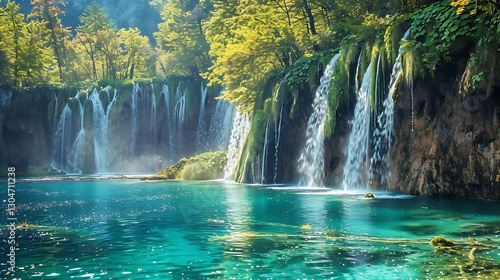 Serene Waterfall Cascades Amidst Lush Forest and Tranquil Blue Waters at Bright Daylight