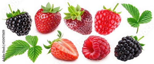 Set of fresh berries including strawberries, raspberries, blackberries, a sliced strawberry, and raspberry leaves, all isolated on a white background.
