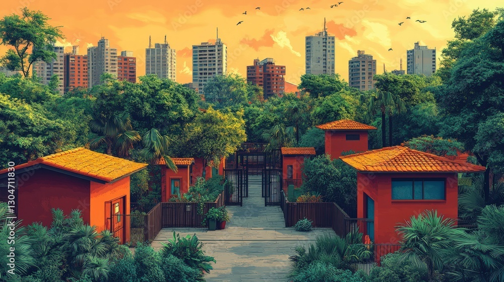 Orange houses nestled in lush greenery, city skyline backdrop Orange houses nestled in lush greenery, city skyline backdrop