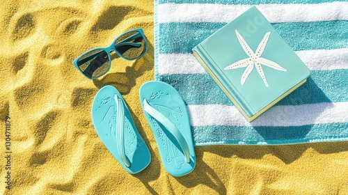 Bright Summer Essentials on Sandy Beach: Flip Flops, Towel, Sunglasses