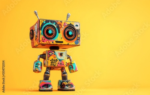 A cute robot with a graffiti-inspired design, vibrant colors, large round eyes, and a playful expression.