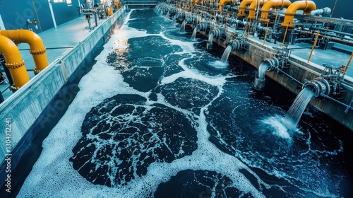 Modern Industrial Water Treatment Facility with Flowing Water and Foam