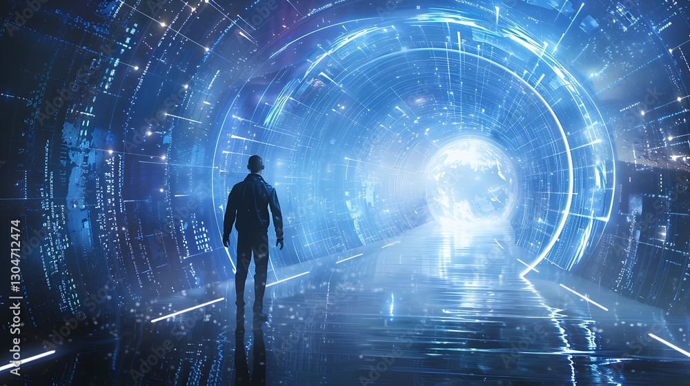 Person Walking Through Futuristic Digital Tunnel with Glowing Lights and Data Streams Person Walking Through Futuristic Digital Tunnel with Glowing Lights and Data Streams