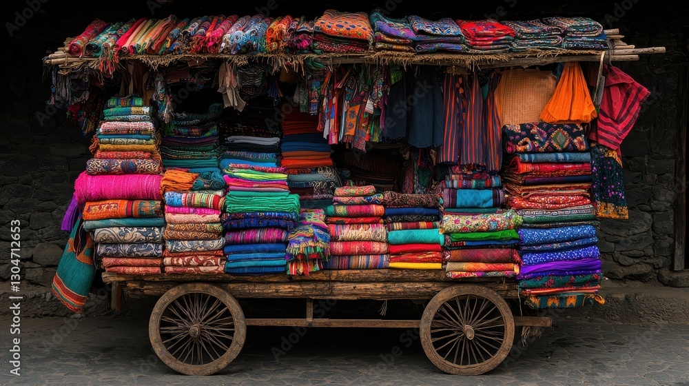 Naklejka premium Colorful Textiles Displayed on a Rustic Market Cart in a Village