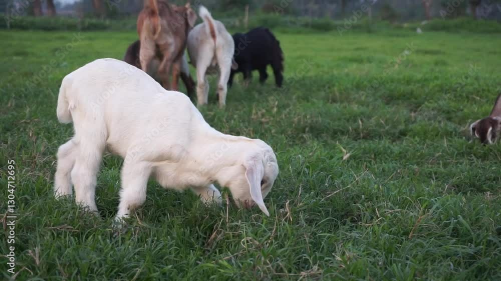 Adorable small goats are playing on a green meadow, Playful young goats are grazing green grass on a field, Playful cute little goat Adorable small goats are playing on a green meadow, Playful young goats are grazing green grass on a field, Playful cute little goat