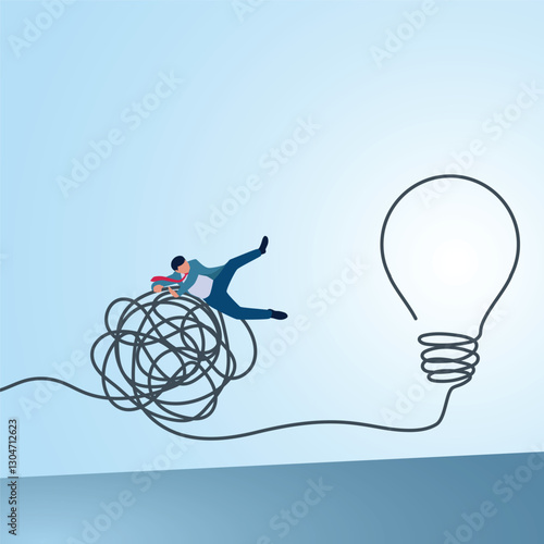 A man jumps over a tangled rope towards an idea lamp. An illustration of transformation, innovation and change for the better.