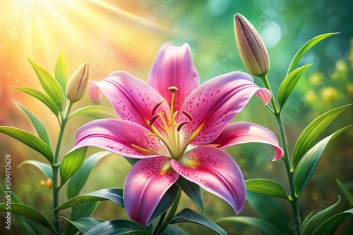 Pink Lily Summer Garden Watercolor Painting - High Resolution Stock Photo