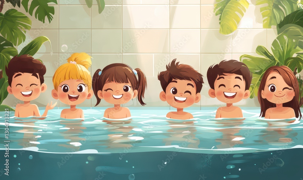 Group of happy kids learning swimming in indoor summer pool. Happy children kids group at swimming pool class learning to swim, happy summer vacation Group of happy kids learning swimming in indoor summer pool. Happy children kids group at swimming pool class learning to swim, happy summer vacation