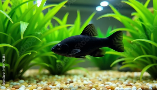 Black molly fish swims in well-maintained aquarium, surrounded green aquatic plants and pebble-covered substrate. Beauty of underwater environment. Pet care, aquarium hobbyist, nature-related content photo