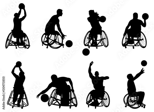 Silhouettes of disabled athletes.Set of silhouettes of basketball players in wheelchairs.Vector illustration.