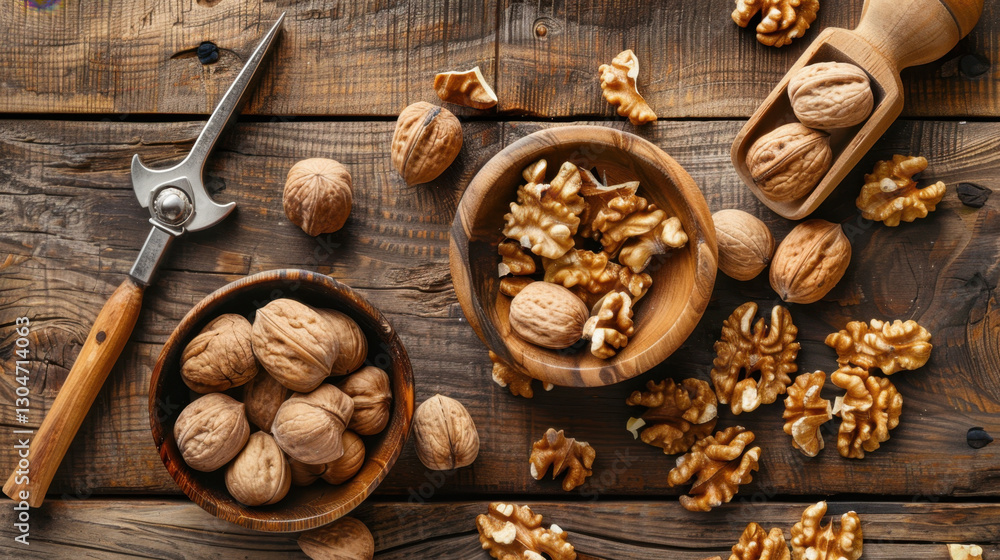 walnuts and nutcracker on wooden table
