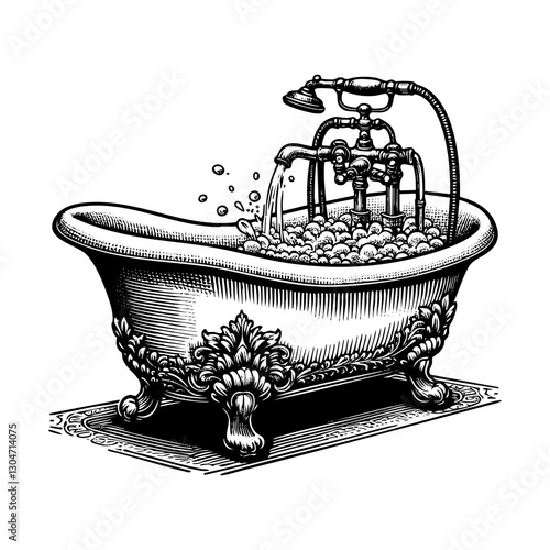 Bathtub sketch  engraving black and white outline. Scratch board imitation.  illustrated in vintage line art style on a white background.
