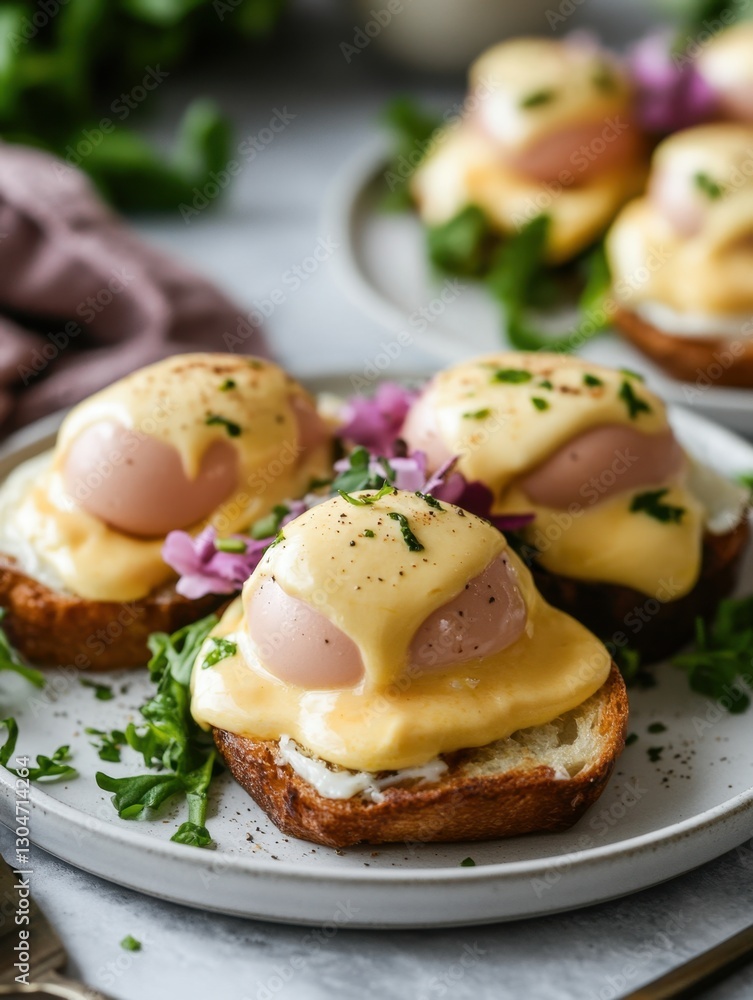 Delicious eggs benedict on toasted bread with creamy hollandaise sauce and fresh herbs close up shot Delicious eggs benedict on toasted bread with creamy hollandaise sauce and fresh herbs close up shot