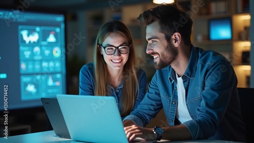 Portrait of Two Happy Female and Male Engineers Using Laptop Computer to Analyze and Discuss How to Proceed with the Artificial Intelligence Software. Casually Chatting in High Tech Research Office
