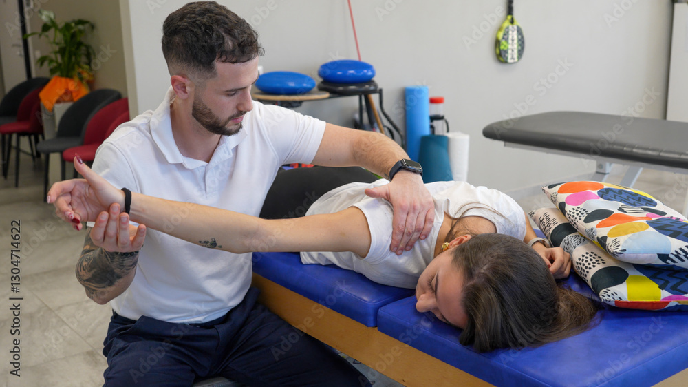 Obraz premium Physiotherapist helps a young woman perform shoulder stretching exercises for rehabilitation