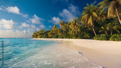 Fototapeta Naklejka Na Ścianę i Meble -  Idyllic tropical beach with crystal-clear turquoise waters, white sandy shore, and lush palm trees under a deep blue sky