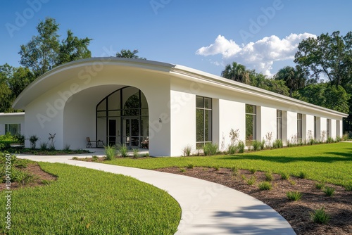 A simple community center with smooth white walls, an arched roofline, and a front yard with a small walking path