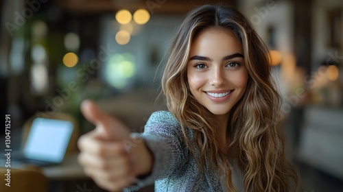 Wallpaper Mural 3D rendering of a businesswoman in a suit extending her hand for a handshake, smiling warmly, with a laptop on the table in a modern office Torontodigital.ca