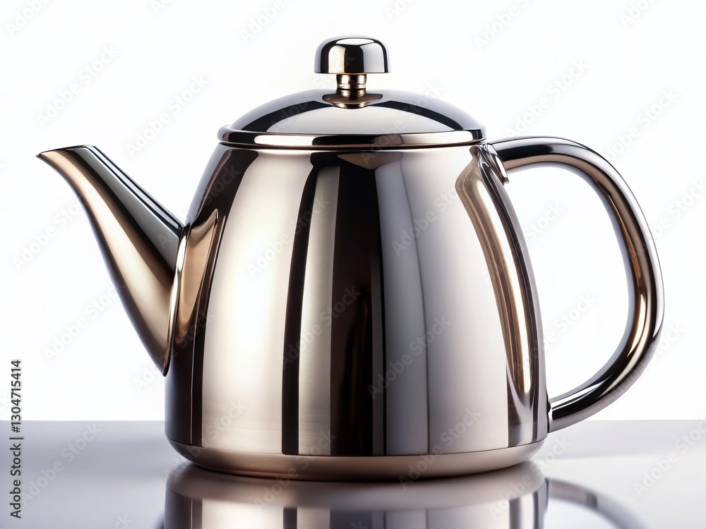 Fototapeta premium Polished Stainless Steel Kettle, Side View, White Background Stock Photo