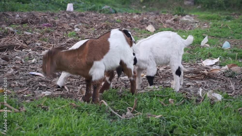 Adorable small goats are playing on a green meadow, Playful young goats are grazing green grass on a field, Playful cute little goat Adorable small goats are playing on a green meadow, Playful young goats are grazing green grass on a field, Playful cute little goat