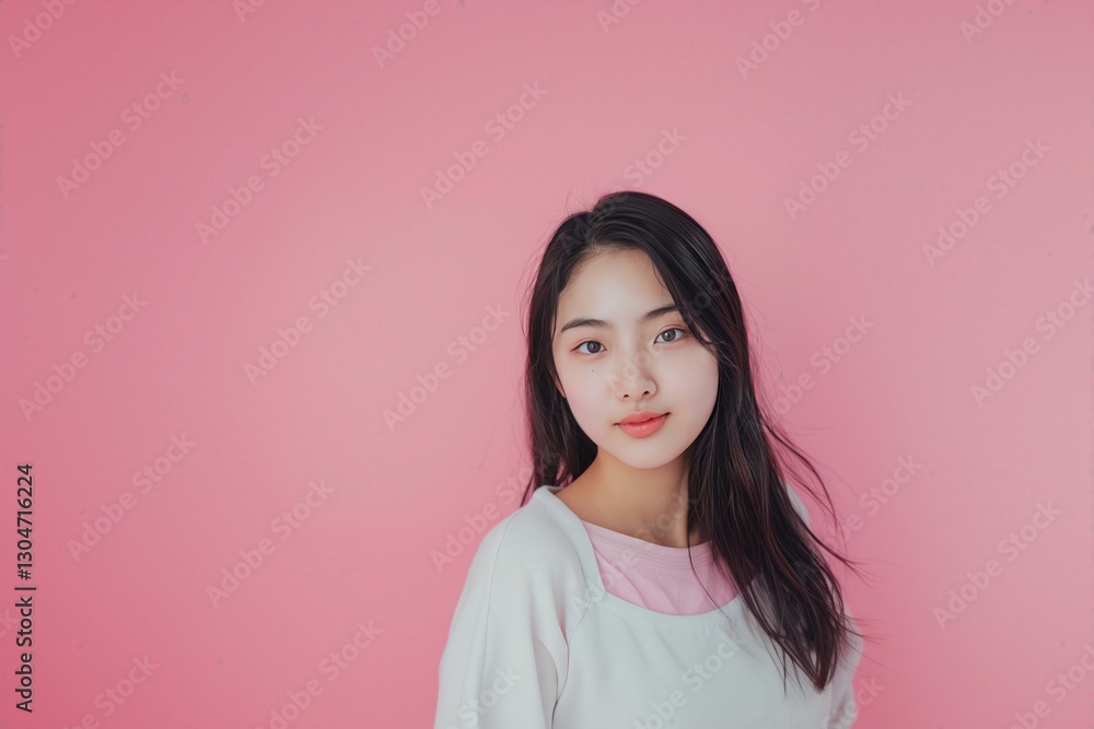 Young woman against soft pink backdrop with natural expression Young woman against soft pink backdrop with natural expression