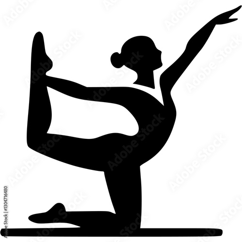 Sport emblem of girl gymnast performs complex stretching exercises while standing on one knee in monochrome. Engraving minimalistic vector in black ink drawing on transparent background