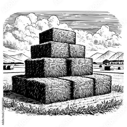 Haystack sketch engraving black and white outline. Scratch board imitation.