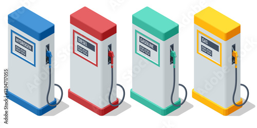 An isometric vector illustration of four distinct fuel pumps labeled hydrogen, diesel, gasoline, and gas. Each pump features a digital display and a color-coded design in 3D.
