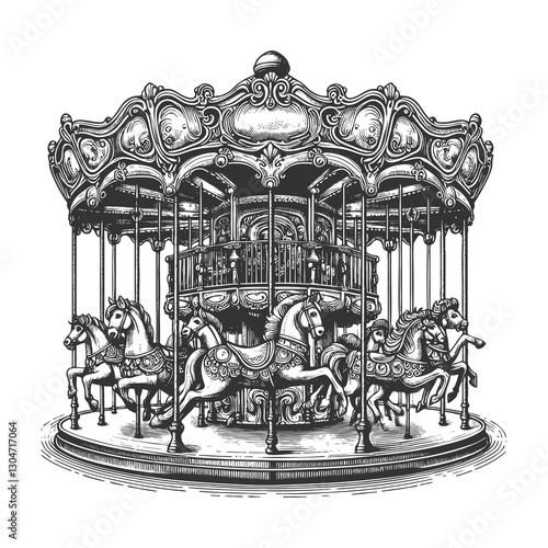 Vintage Carousel with Horses raster illustration