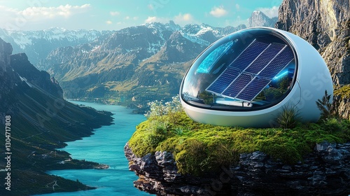 Eco Survival concept. Futuristic Self Sustaining Survival Pod Nestled in Serene Wilderness Landscape photo