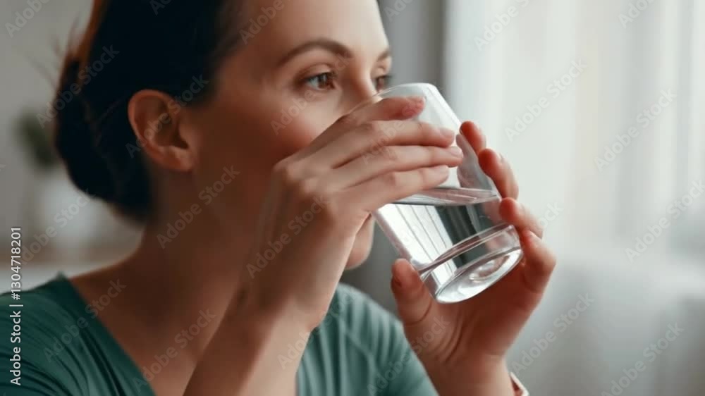 Closeup of a young woman smiling and drinking water from a glass Closeup of a young woman smiling and drinking water from a glass