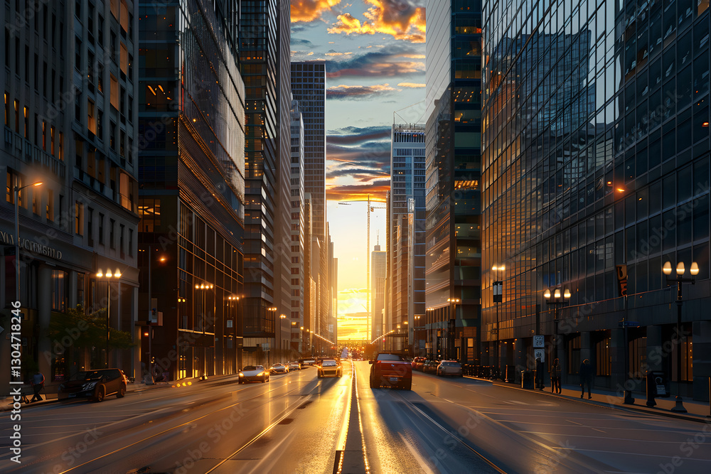 Futuristic city skyline bathed in warm glow of sunrise. Road between towering skyscrapers, capturing essence of a modern urban morning Futuristic city skyline bathed in warm glow of sunrise. Road between towering skyscrapers, capturing essence of a modern urban morning